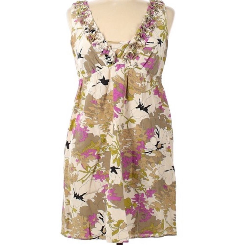 Loft Tan Purple Floral Print Sleeveless Midi Dress